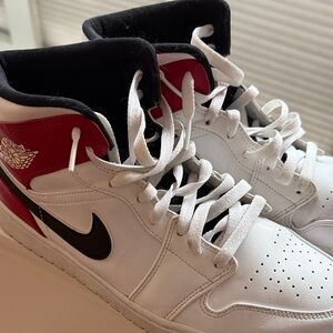 Nike Jordan 1 Mid White and Red High-Tops with Black Swoosh